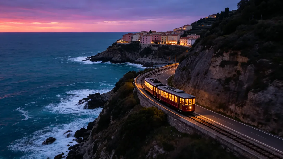 Un pequeño tranvía recorre una carretera de acantilado sobre el mar al atardecer, con las ventanas iluminadas.