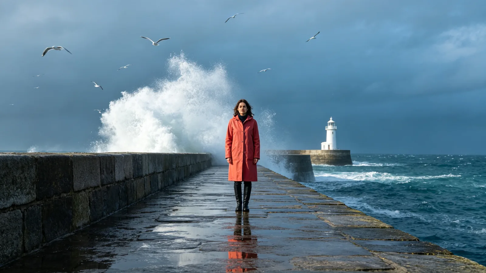 Una mujer con un impermeable color coral está de pie al final de un muelle de piedra mientras una ola revienta en blanco detrás de ella, con un faro a lo lejos.