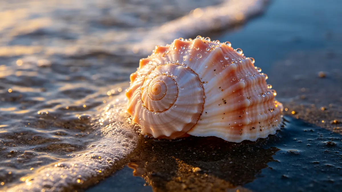 Plano macro de una caracola en espiral sobre arena mojada al amanecer, con gotas de agua de mar y granos de arena muy nítidos.