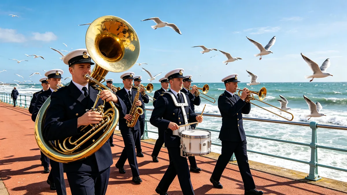 Una banda de música desfila por un paseo marítimo, la campana de una tuba gira hacia la cámara y las gaviotas levantan el vuelo desde la barandilla.