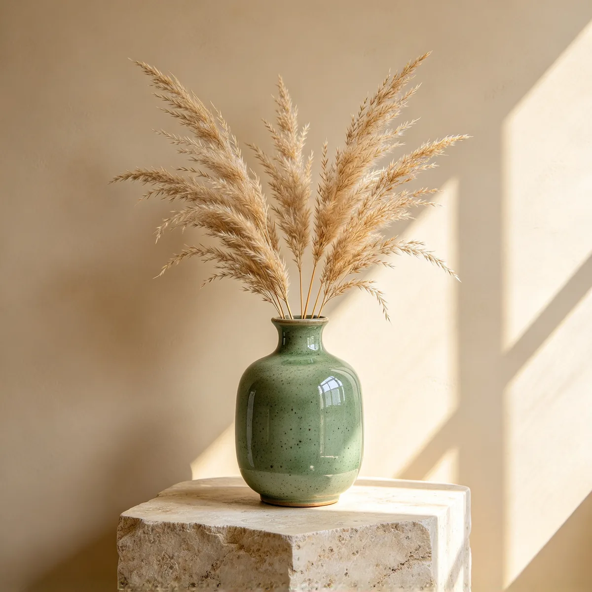 A speckled sage-green ceramic vase with dried pampas grass stands on a travertine plinth against a warm beige wall, with a soft window shadow.