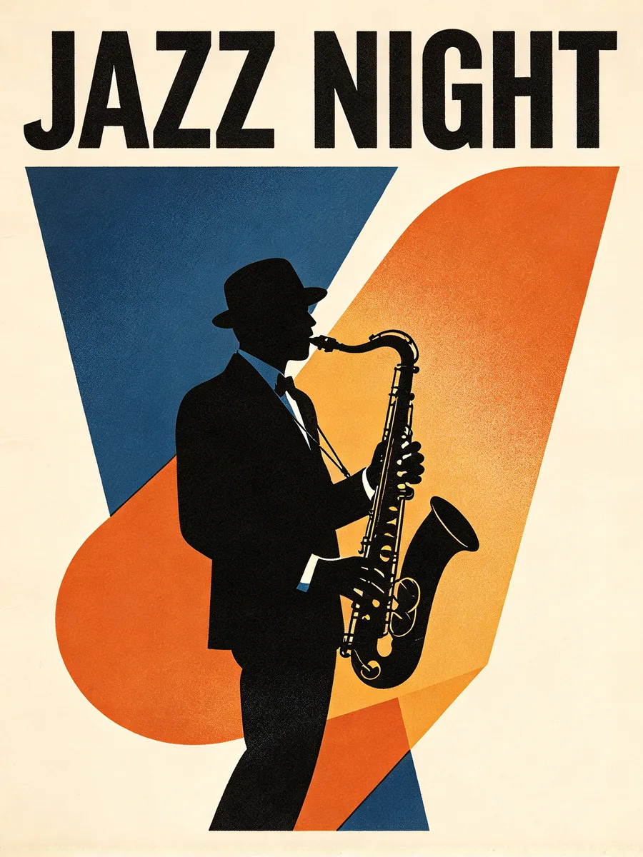 A retro jazz night poster with a saxophone player in silhouette, deep blue and orange shapes, and the words "JAZZ NIGHT" in large bold letters.