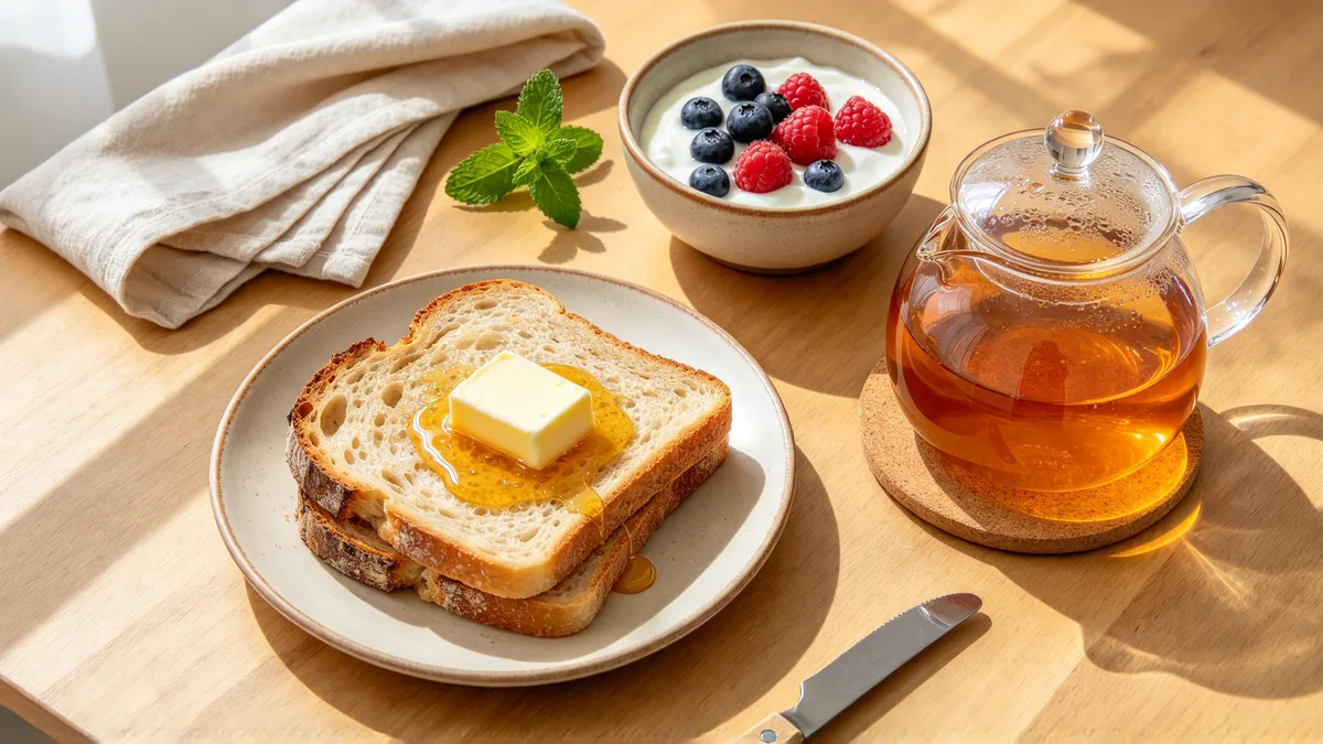 A breakfast table seen from above at an angle, with sourdough toast, a bowl of berries and yogurt, a pot of tea and a linen napkin on a light oak surface.