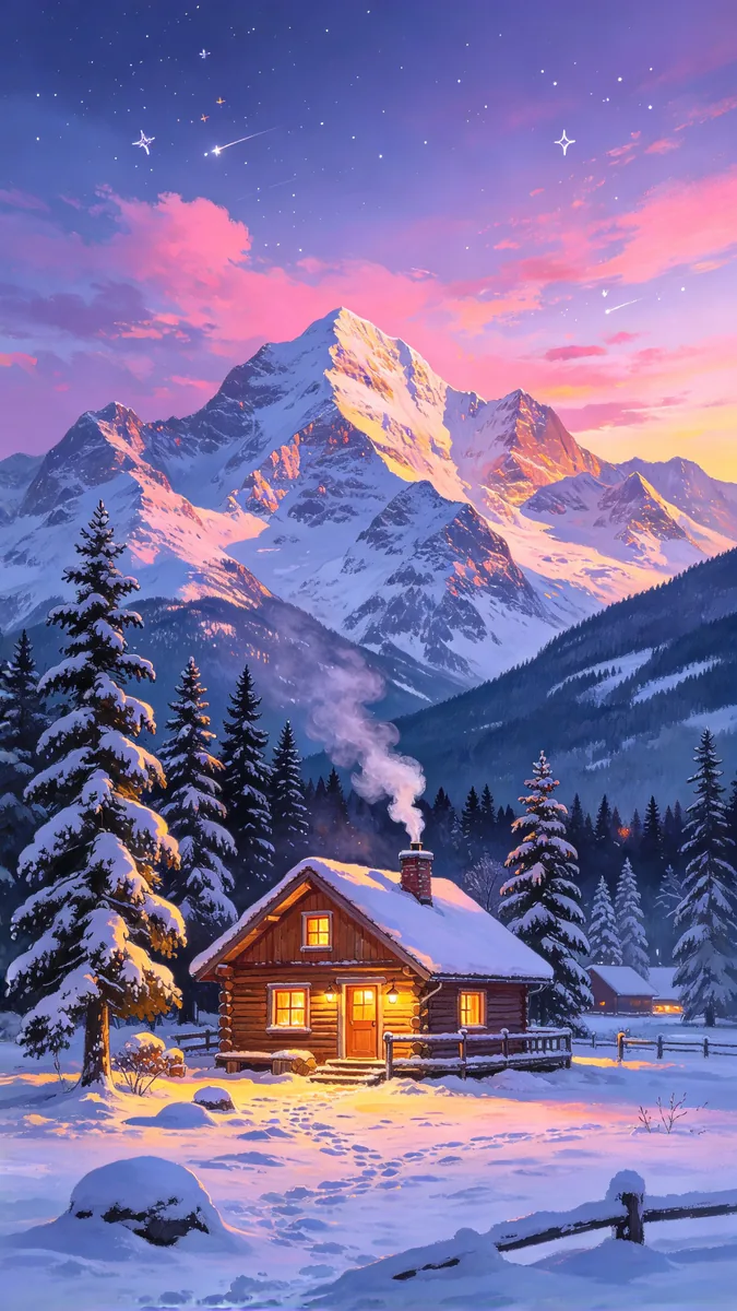A small wooden cabin with glowing windows sits below snowy pine-covered mountains under a pink and violet dusk sky.