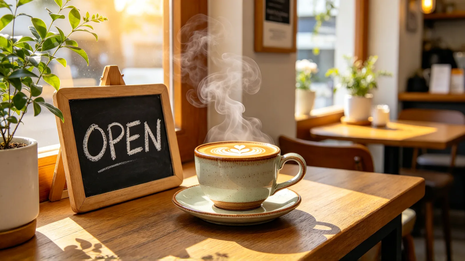A ceramic coffee cup on a sunlit café counter beside a chalkboard sign that reads "OPEN", with steam rising and soft morning light.