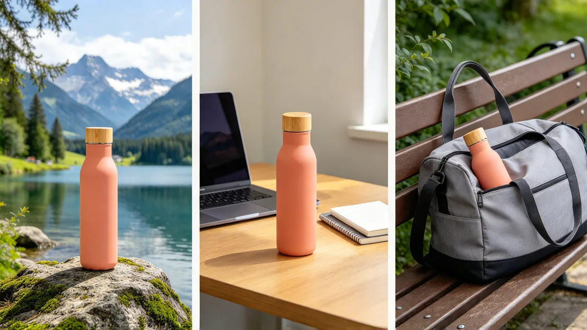 A triptych showing the same coral-colored water bottle on a rock by a lake, on a desk next to a laptop, and in a gym bag.