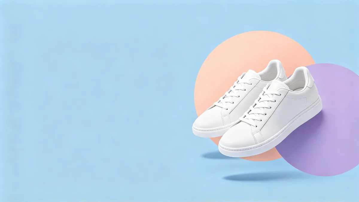 A clean social media layout with a pair of minimal white leather sneakers on a pastel blue background, a large empty area on the left and soft geometric shapes.