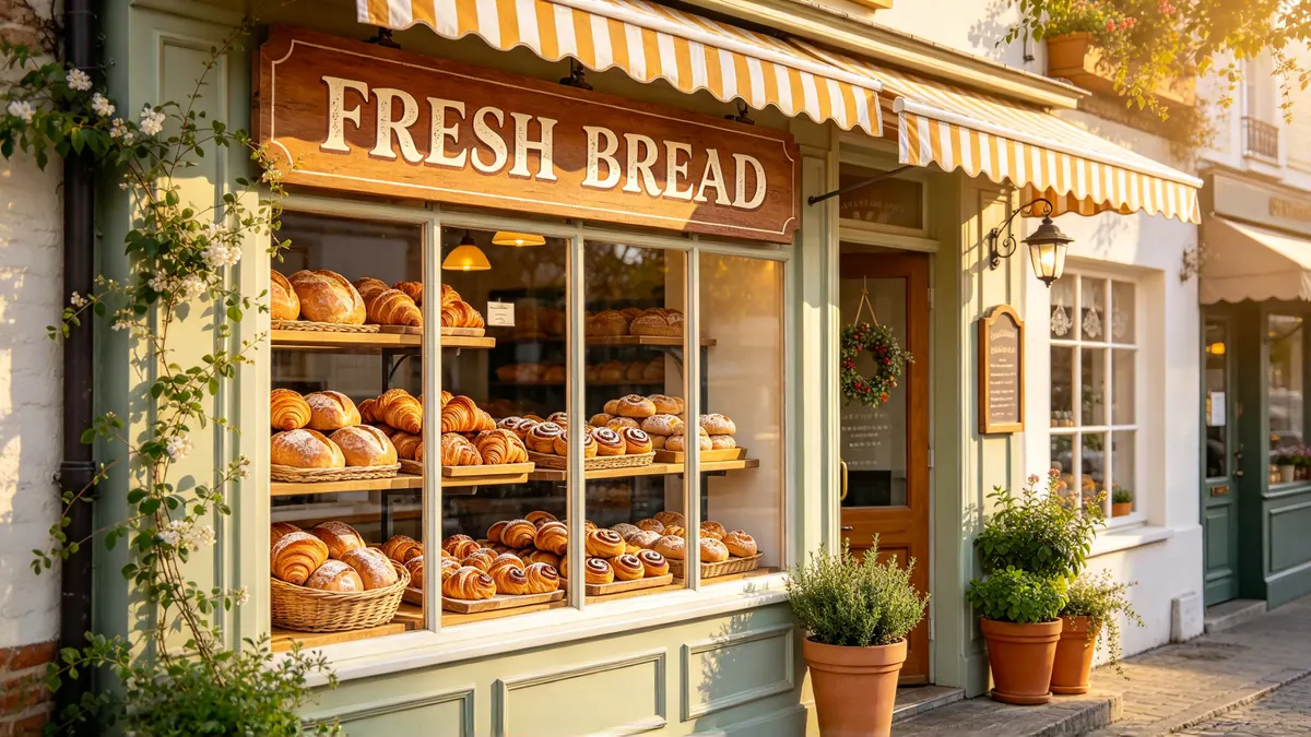 A bakery storefront with a hand-painted sign reading "FRESH BREAD" above a window full of loaves and pastries.