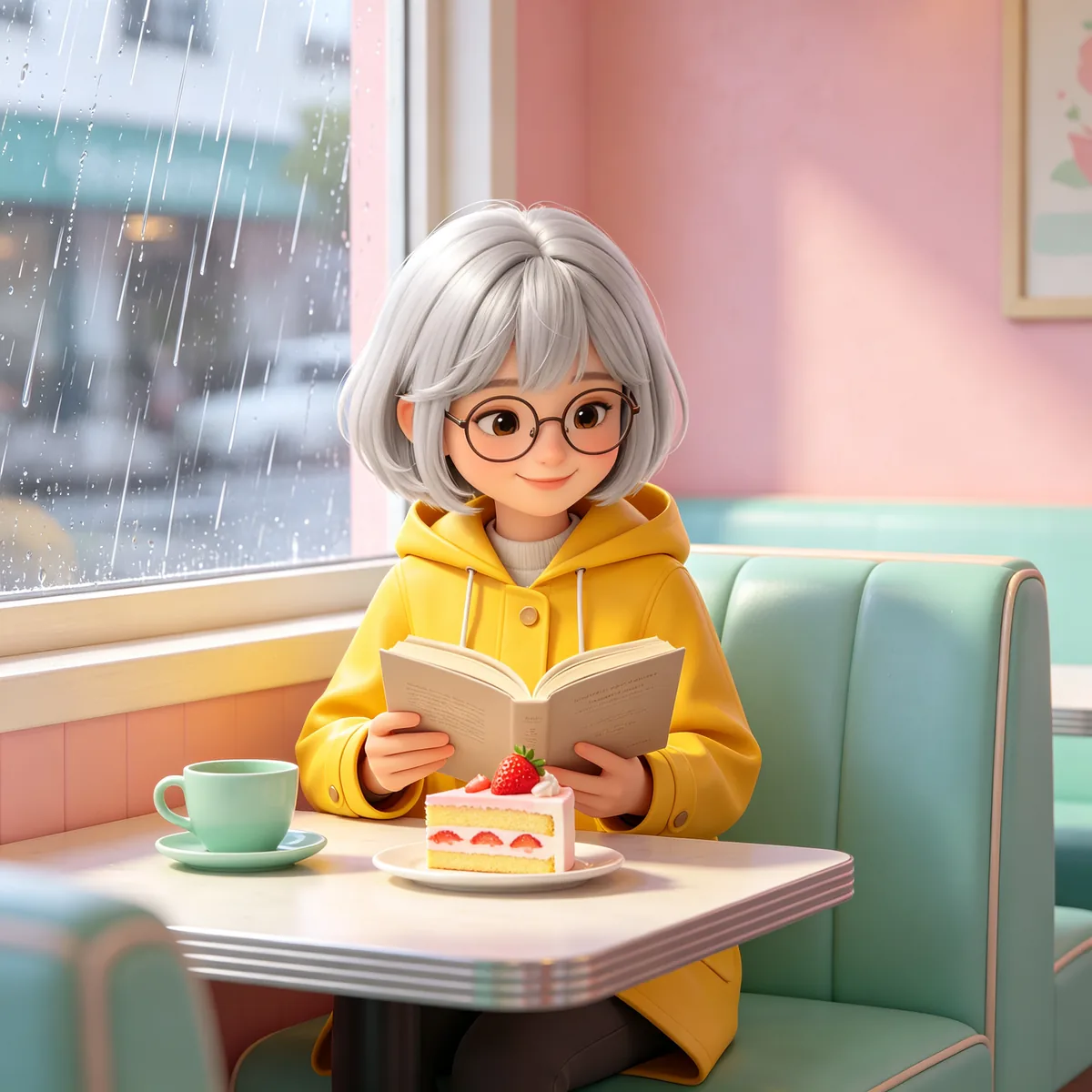 El personaje de pelo plateado e impermeable amarillo lee un libro junto a la ventana de un café, con una porción de pastel al lado.