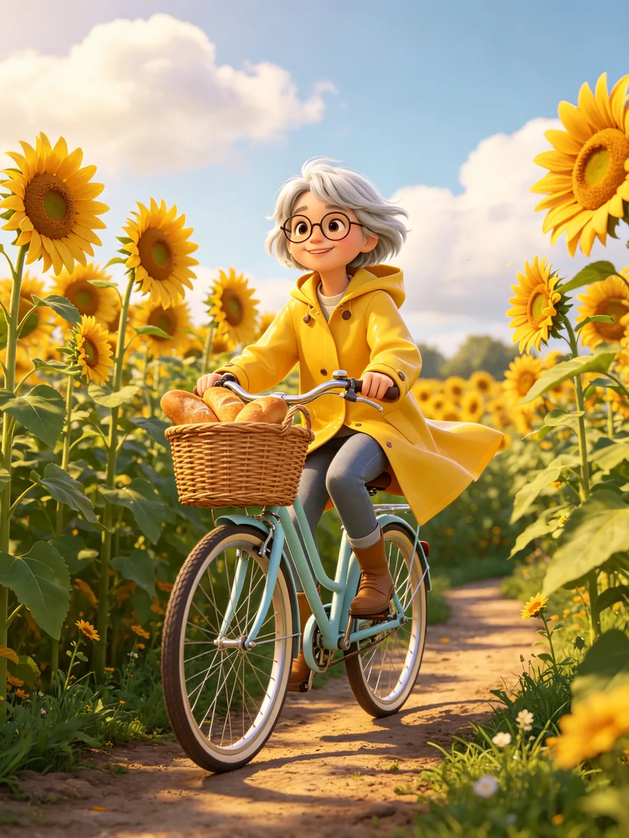 El mismo personaje pedalea en una bicicleta azul pálido por un camino entre girasoles, con el impermeable ondeando.