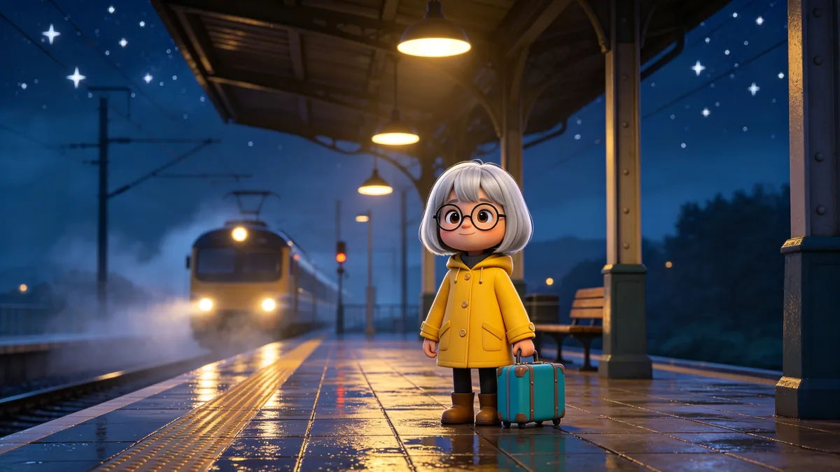 El mismo personaje espera con una maleta en un andén vacío de noche mientras un tren se acerca a lo lejos.