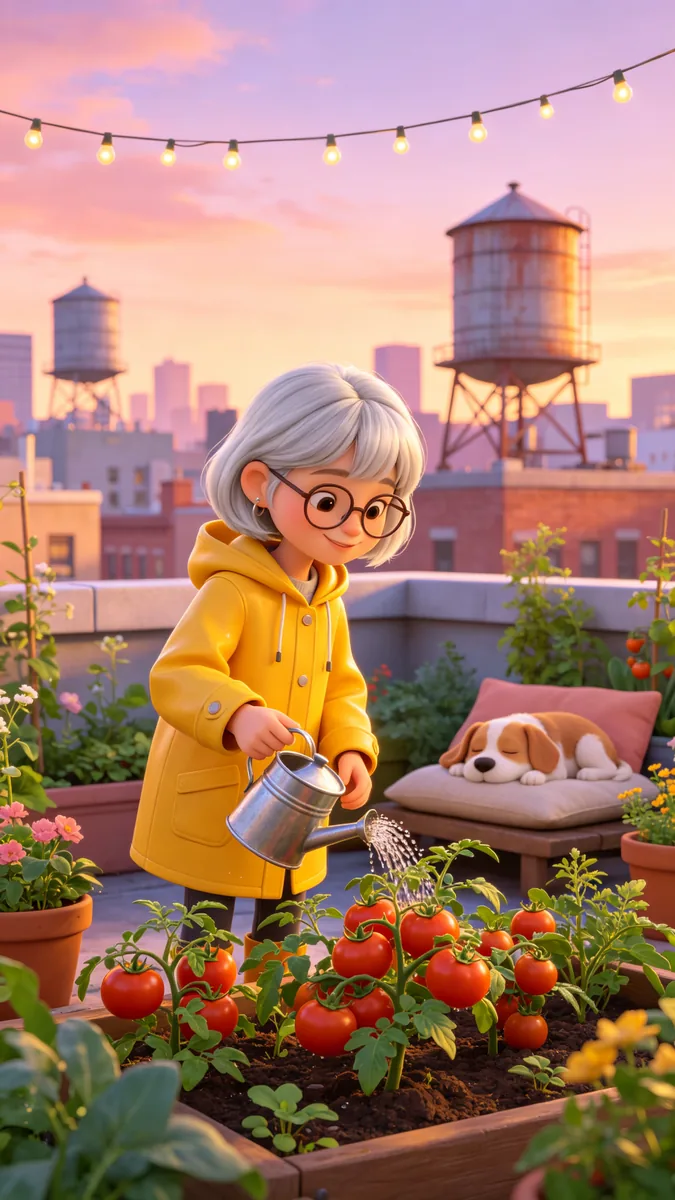 El mismo personaje riega tomateras en un jardín en la azotea, sobre una ciudad en tonos pastel al atardecer.
