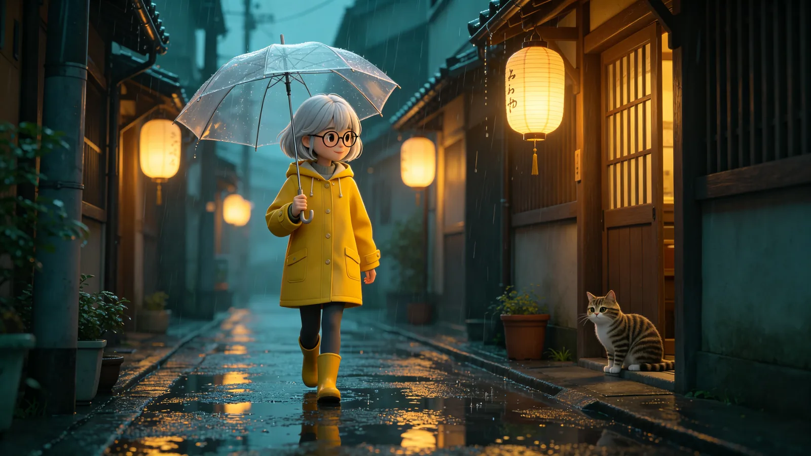 Un personaje 3D estilizado con melena corta plateada e impermeable amarillo camina por un callejón lluvioso iluminado con faroles y lleva un paraguas transparente.