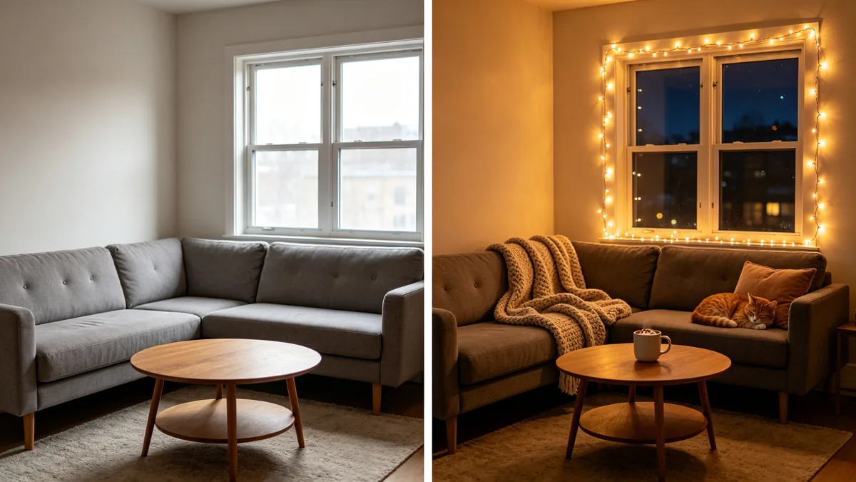 Antes y después: a la izquierda, una sala de estar sencilla de día; a la derecha, la misma sala de noche con guirnaldas de luces y un gato dormido.