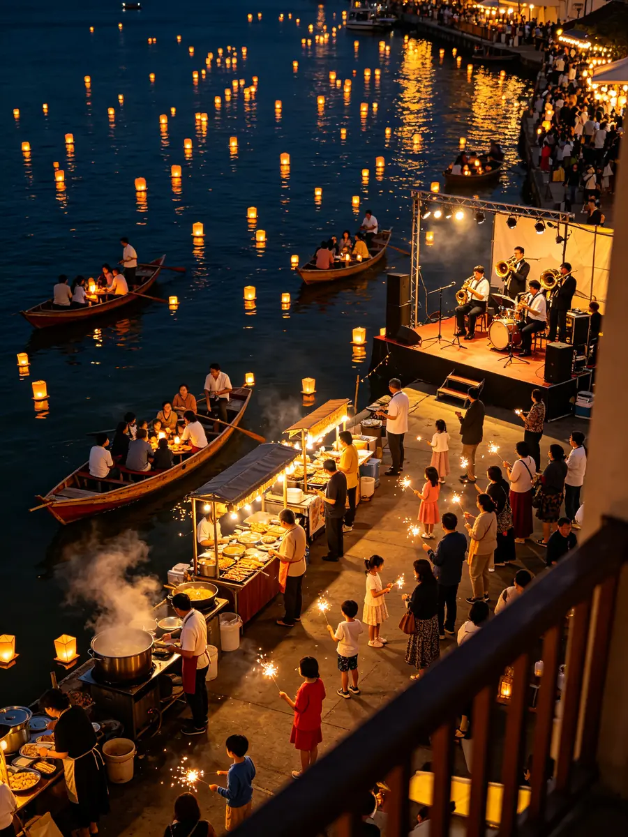 Una fiesta nocturna abarrotada en un puerto, con faroles flotantes, barcas pequeñas y mucha gente a lo largo del muelle.