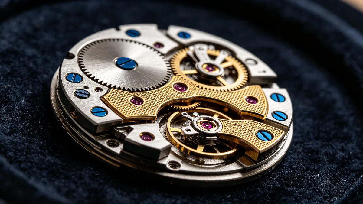 Macro de un mecanismo de reloj mecánico abierto, con engranajes, rubíes y puentes grabados.