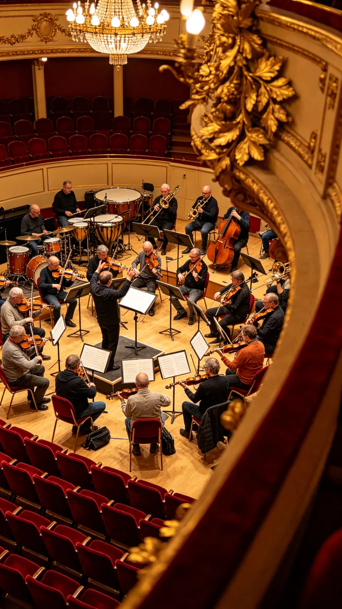 Vista desde un balcón alto hacia abajo, sobre una orquesta que ensaya en una sala de conciertos dorada.