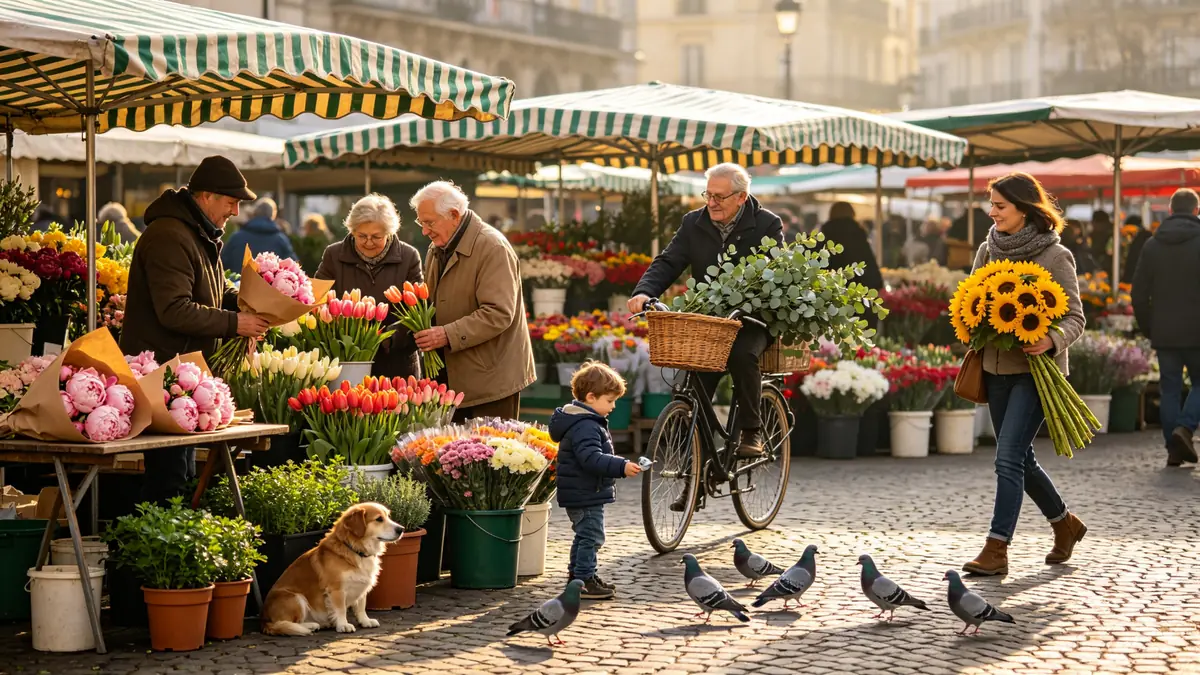 Un concurrido mercado de flores al aire libre con vendedores, compradores, un ciclista y un perro, cada uno bien separado en una composición equilibrada.