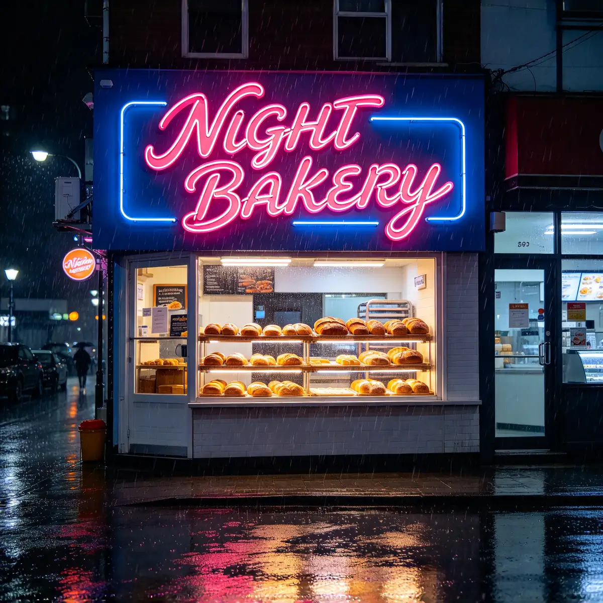 A pink and blue neon sign reading "NIGHT BAKERY" above a shop window on a rainy street, its colors reflected in the wet pavement.
