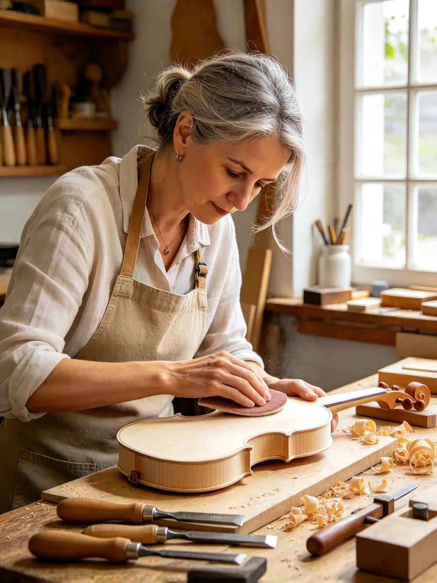 A violin maker in a canvas apron sands the top of an unfinished violin at her workbench, lit from the side by a tall window, with tools and wood shavings around her.