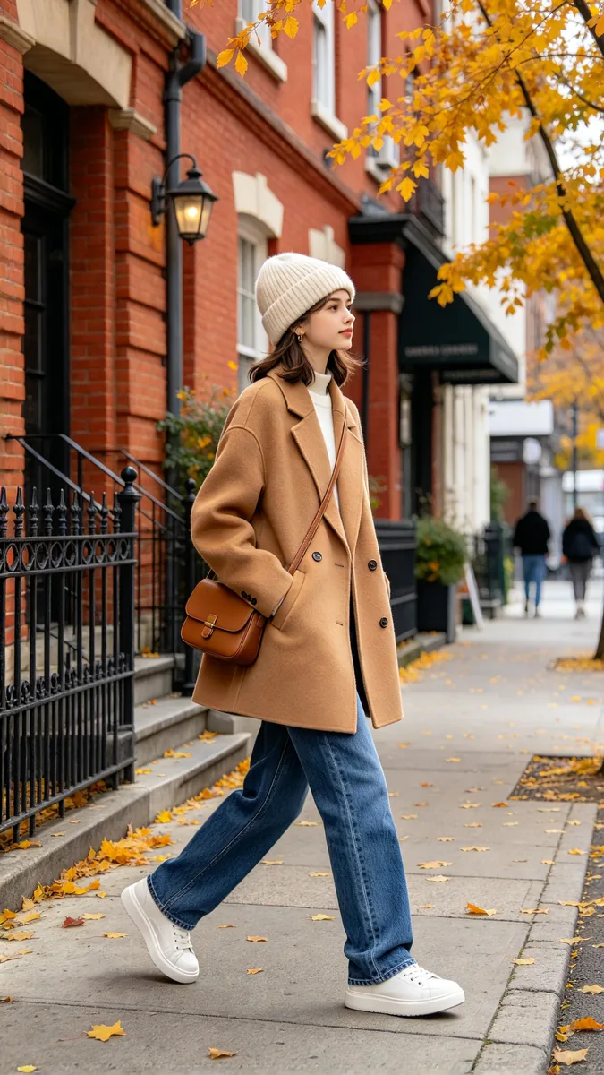 A full-length street-style photo of a person in a camel wool coat, a cream knit beanie, white sneakers and a small brown leather shoulder bag, walking past brick buildings in autumn.