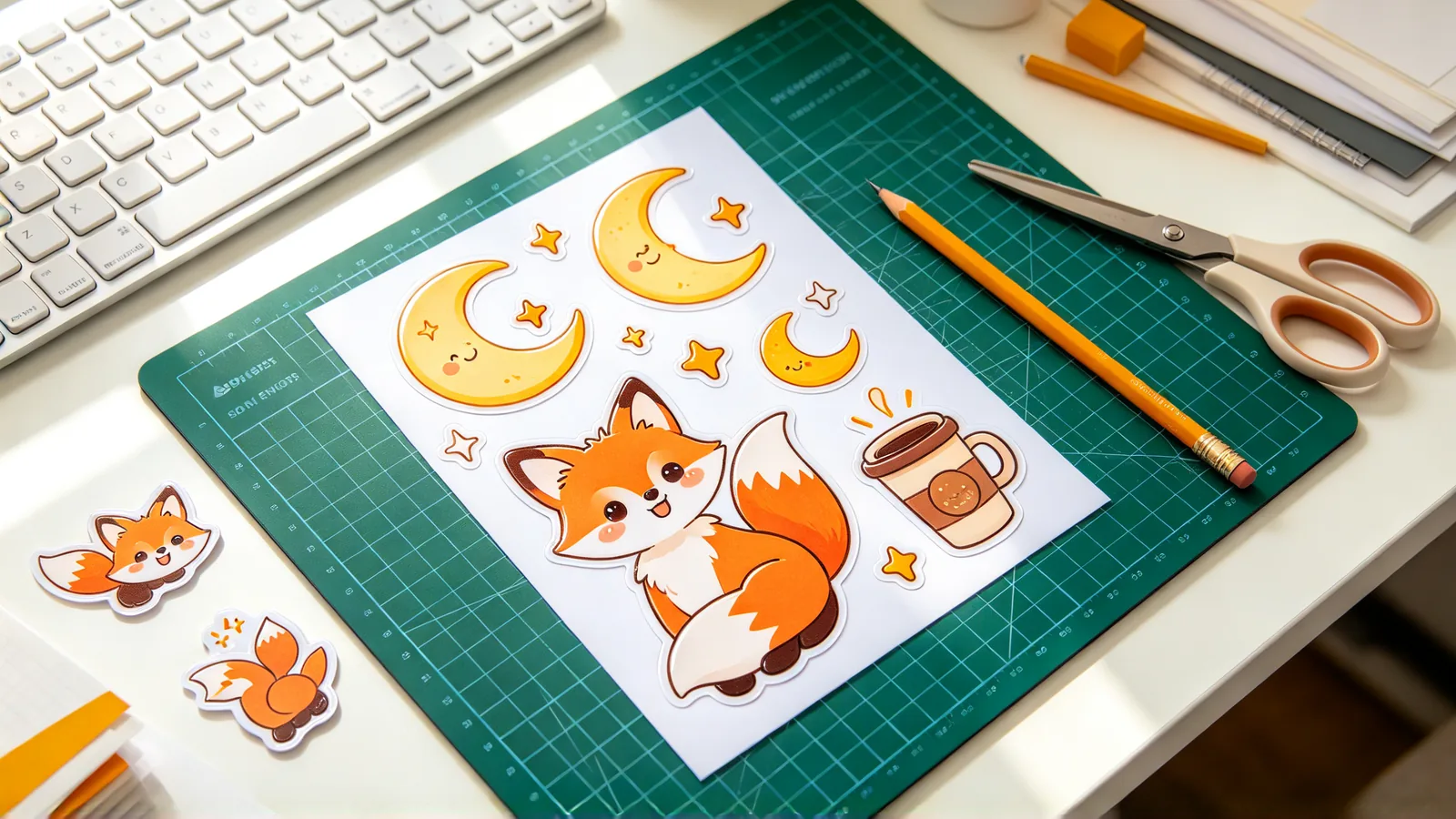 A designer's desk with a sheet of glossy die-cut stickers of a fox, a moon and a coffee cup, a cutting mat and a pair of scissors, in soft daylight.