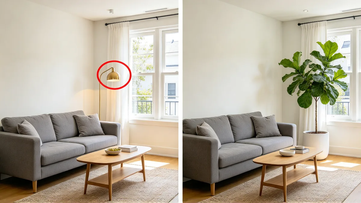 A diptych of the same living room: on the left a red circle drawn around a brass floor lamp next to a sofa, on the right the lamp replaced by a tall leafy plant in a ceramic pot, with everything else unchanged.
