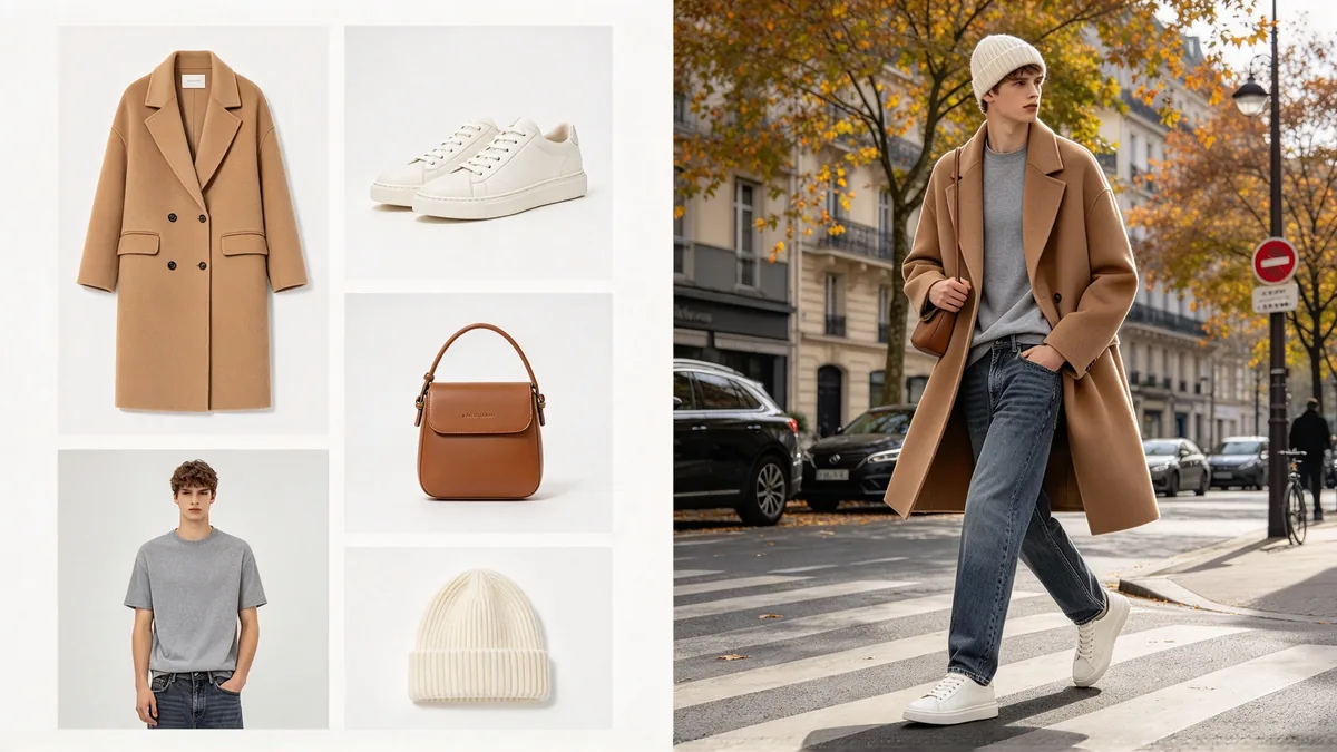 A diptych: on the left a grid of five product photos, a wool coat, white sneakers, a leather bag, a knit hat and a model standing in plain clothes; on the right the same model wearing all of the items on a city street.