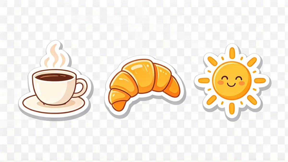 Three die-cut cartoon stickers in a row, a steaming coffee cup, a croissant and a smiling sun, each with a thick white border, on a light grey checkerboard that marks the transparent background.