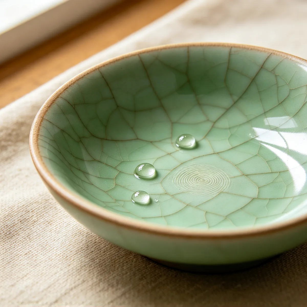 A close-up of a shallow hand-thrown celadon bowl with fine crackle glaze, a thumbprint in the glaze at its center and a few drops of water on the surface.