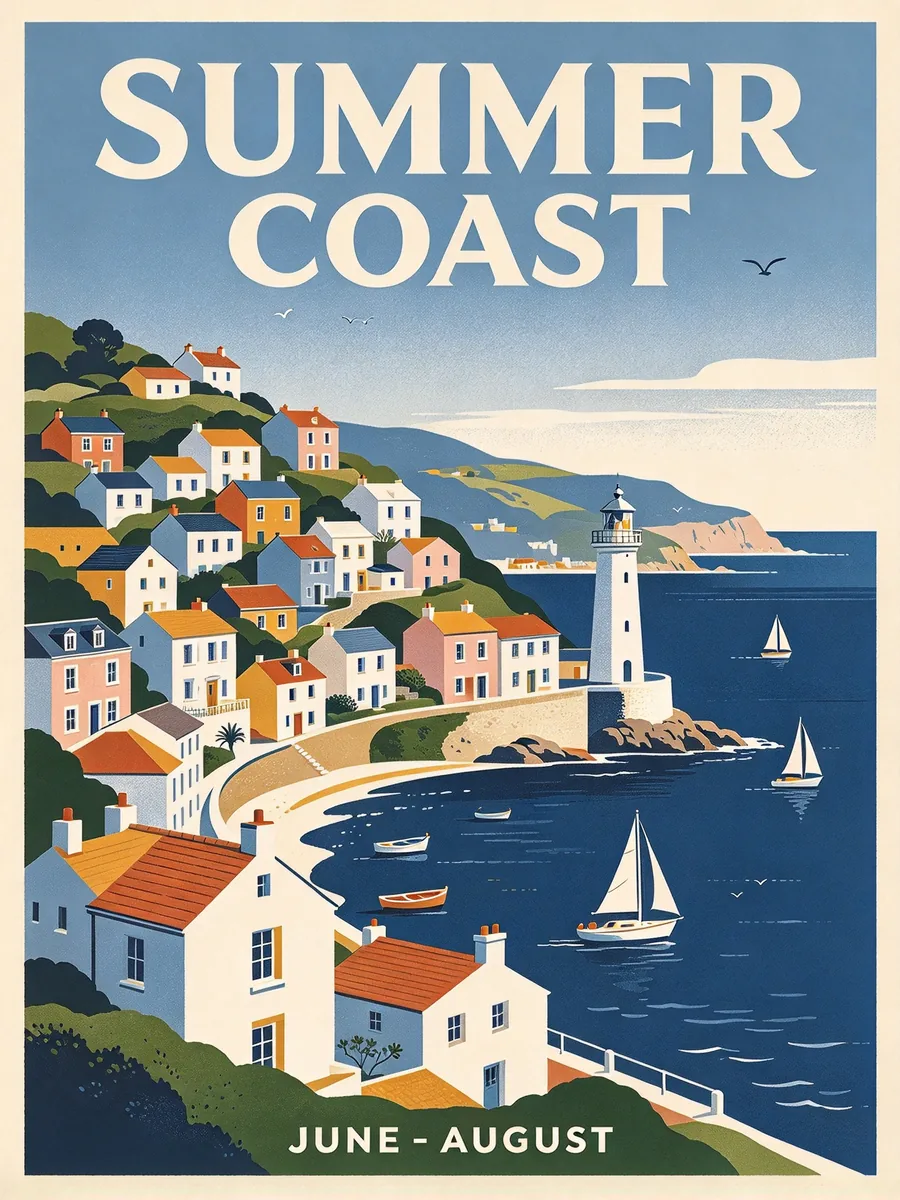 A vintage-style travel poster of a coastal town with terraced houses and a lighthouse, the headline "SUMMER COAST" at the top and a small line of dates at the bottom.
