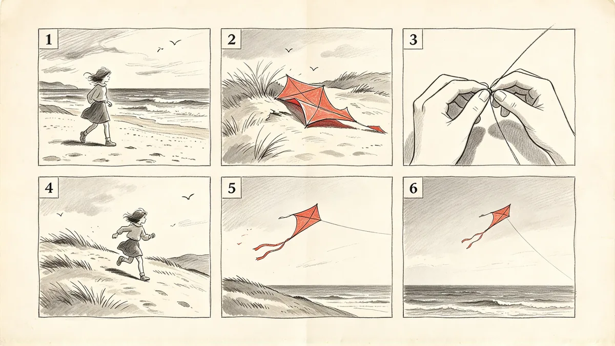 A storyboard sheet with six numbered pencil-and-wash panels showing a girl finding a lost kite and flying it on a hill.