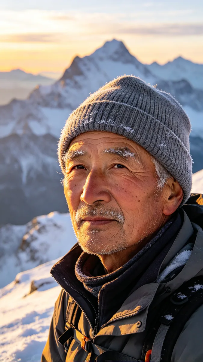 An older mountain guide in a wool cap looks toward the camera on a snowy ridge, with weathered skin, frost on his eyebrows and soft morning light.