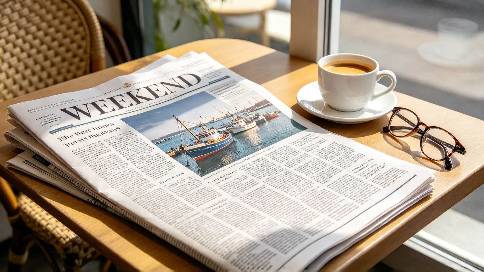 A printed weekend newspaper on a café table, its front page laid out in columns with a large photo of a harbor, beside a cup of coffee and reading glasses.