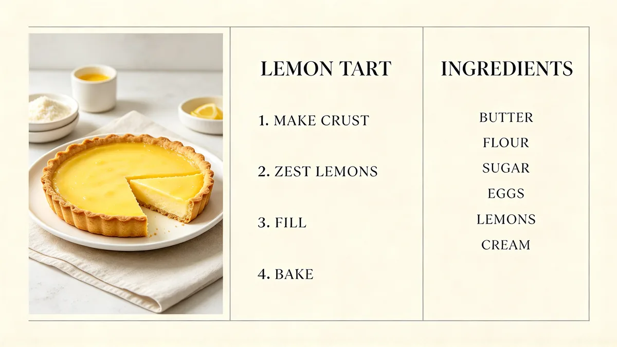 A recipe card laid out in three columns, with a photo of a lemon tart, a numbered list of steps and a small list of ingredients under the heading "LEMON TART".