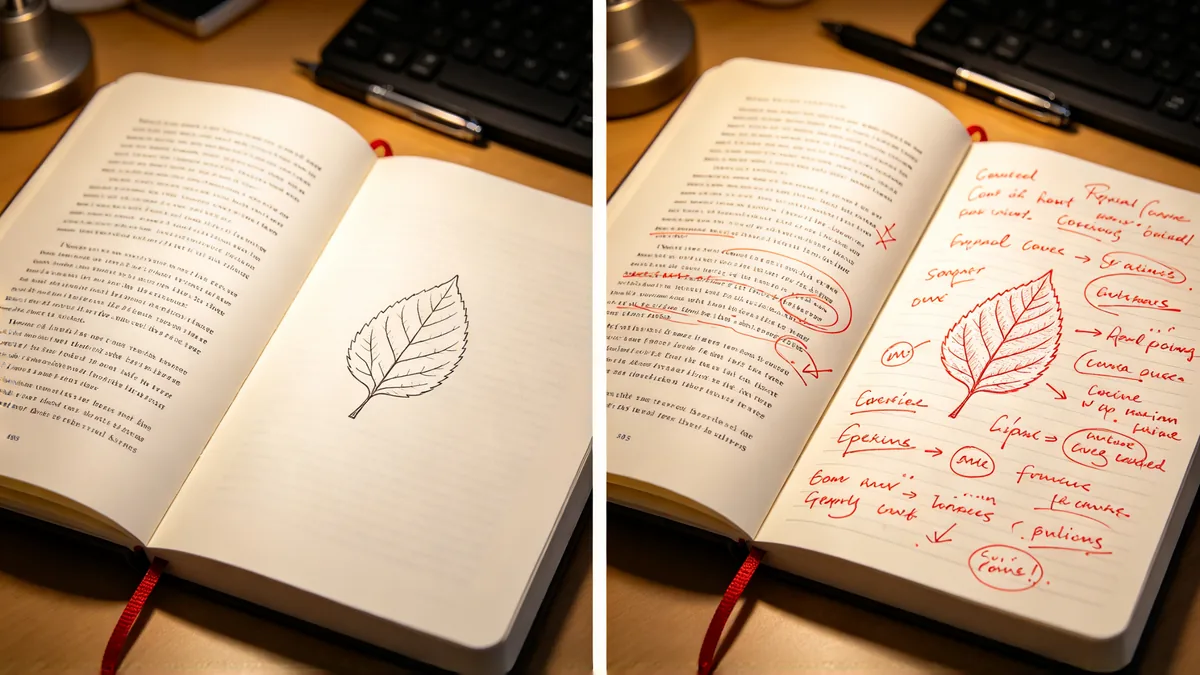 A side-by-side pair of the same open notebook page: on the left plain printed text, on the right the same page with red handwritten circles and margin notes.