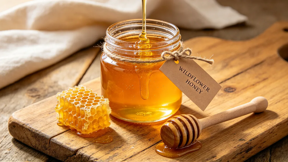 A glass jar of honey with a kraft paper label reading "WILDFLOWER HONEY", on a wooden board beside a honeycomb and a wooden dipper.