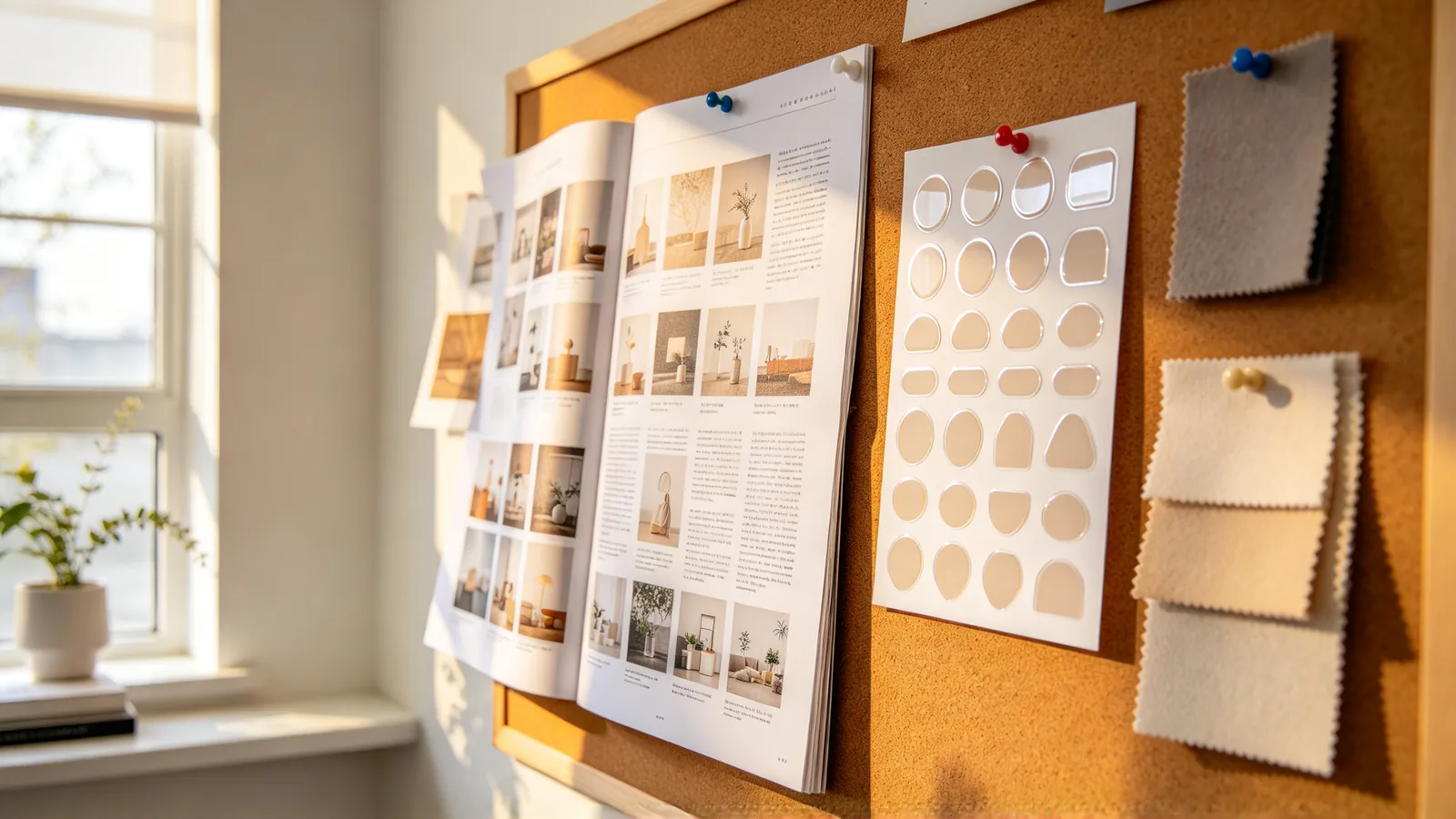 A designer's pinboard with a printed magazine page full of columns and captions, a sheet of glossy die-cut stickers and a few fabric swatches, in warm afternoon light.