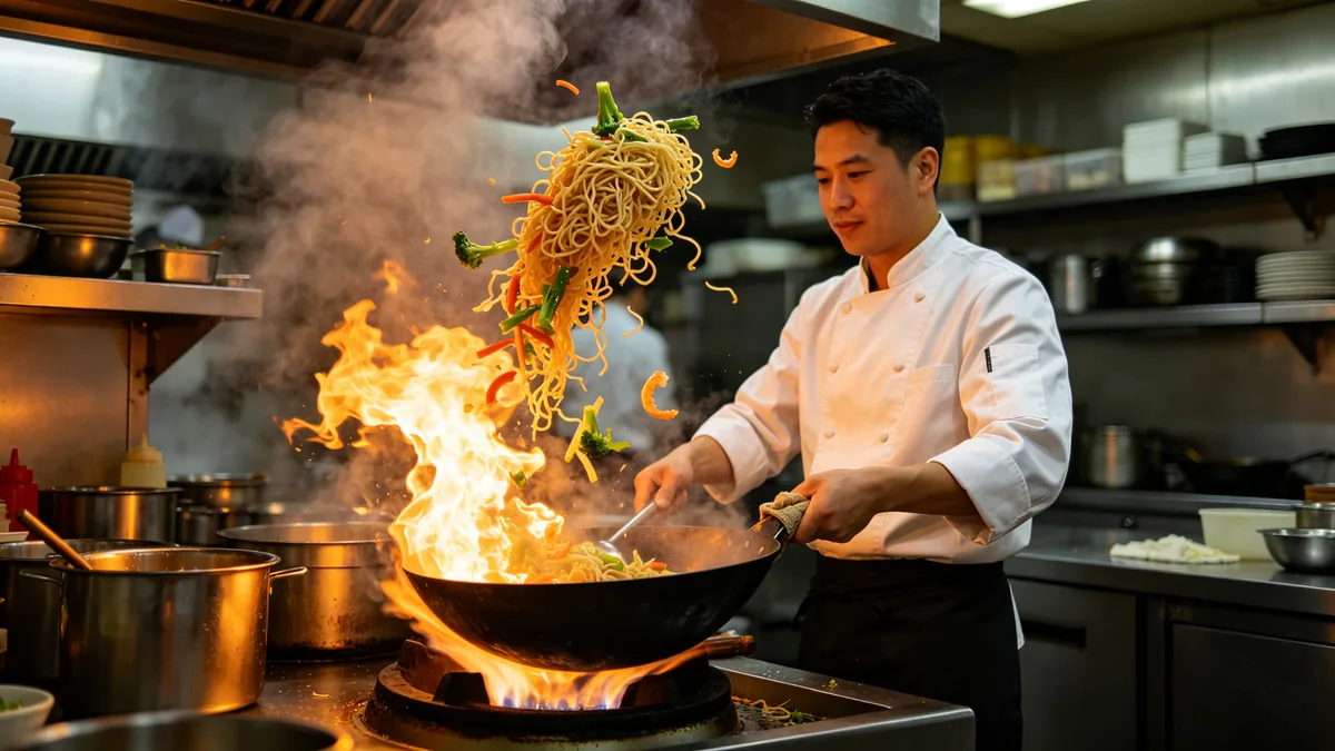 Un cocinero lanza fideos en un wok en llamas, con los fideos suspendidos en el aire.