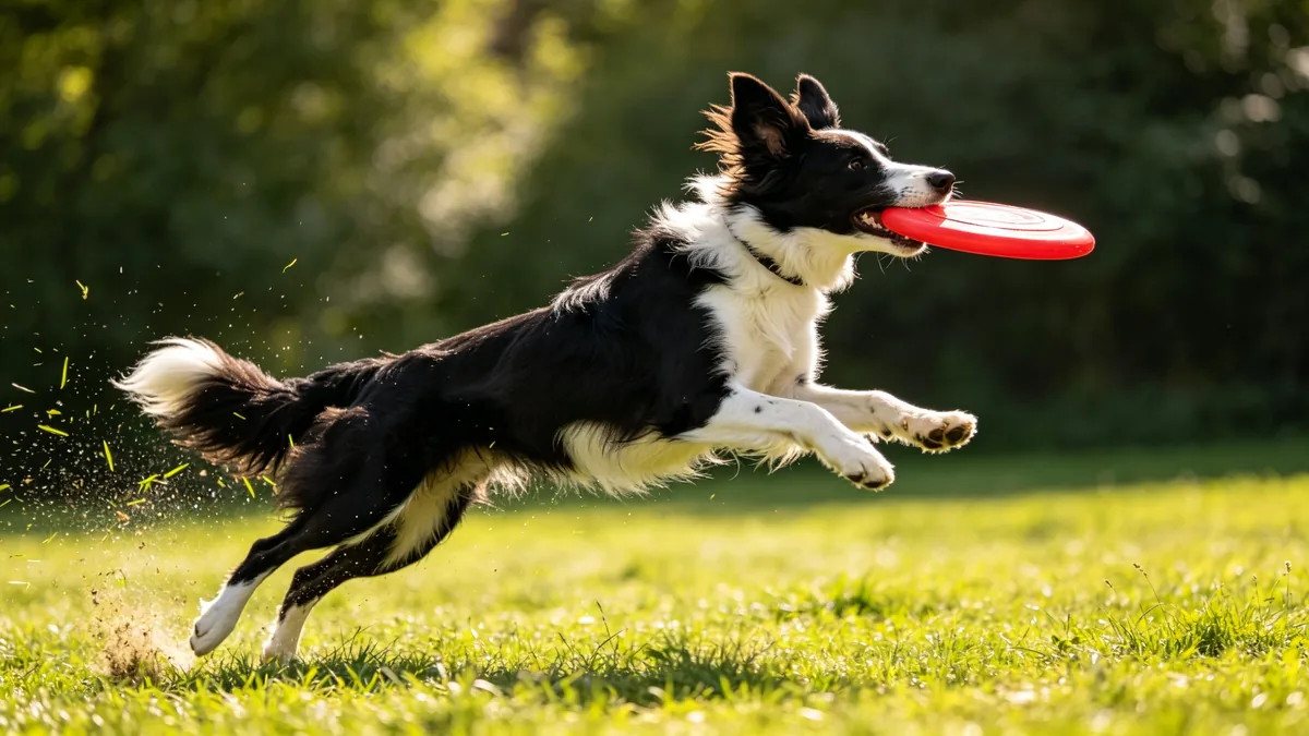 Un border collie salta para atrapar un frisbee en un prado soleado.
