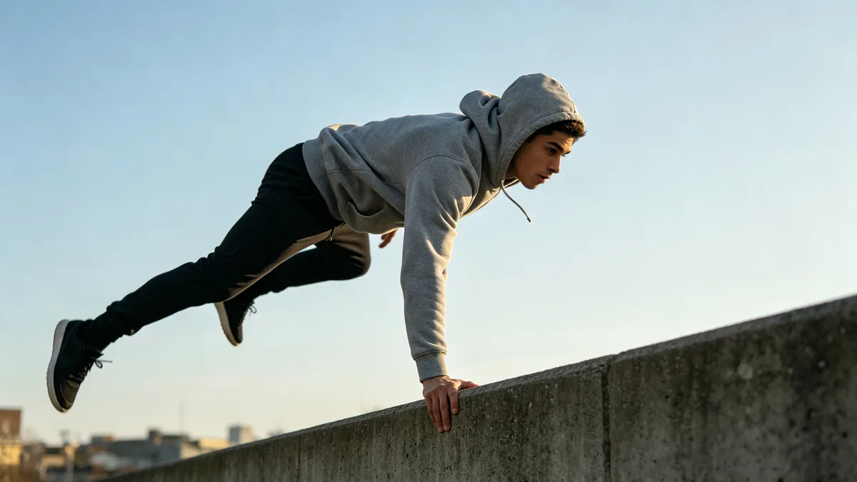 Un practicante de parkour salta por encima de un muro de hormigón, con el cuerpo estirado en el aire.