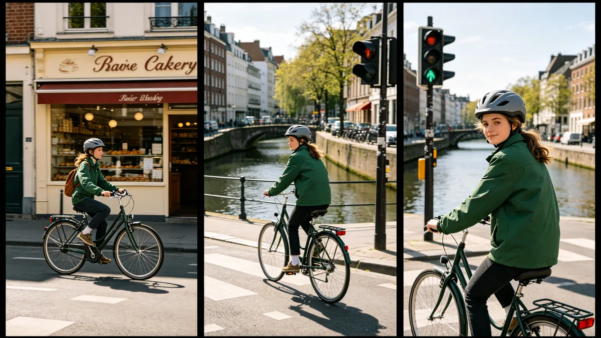 Tres fotogramas de la misma ciclista con chaqueta verde, con el mismo rostro y la misma ropa en toda la secuencia.
