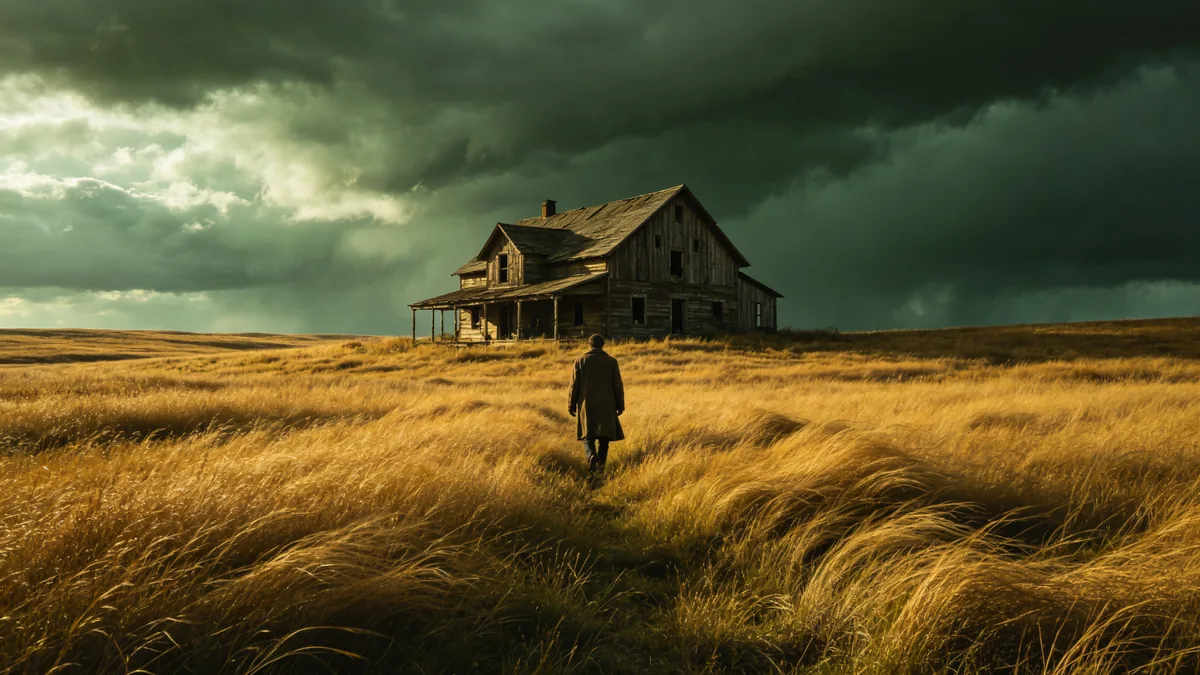 Una figura camina entre la hierba alta hacia una granja abandonada bajo nubes de tormenta que se acumulan.