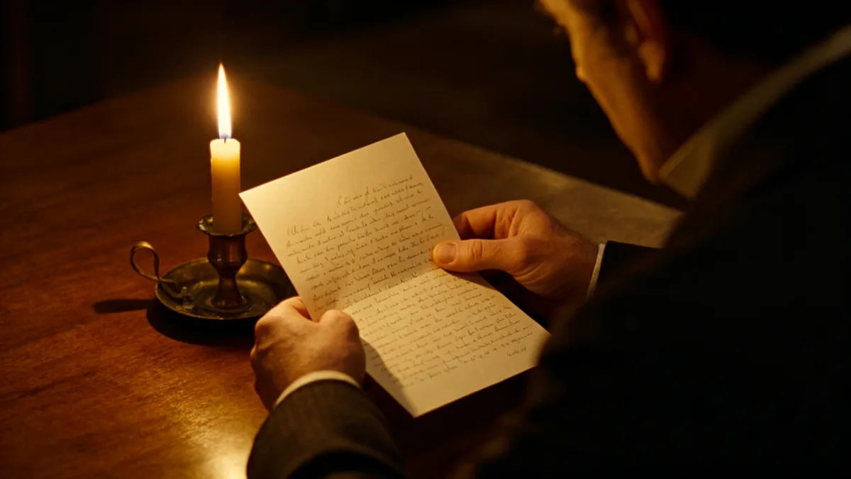 Un plano por encima del hombro de alguien que lee una carta manuscrita a la luz de una vela.