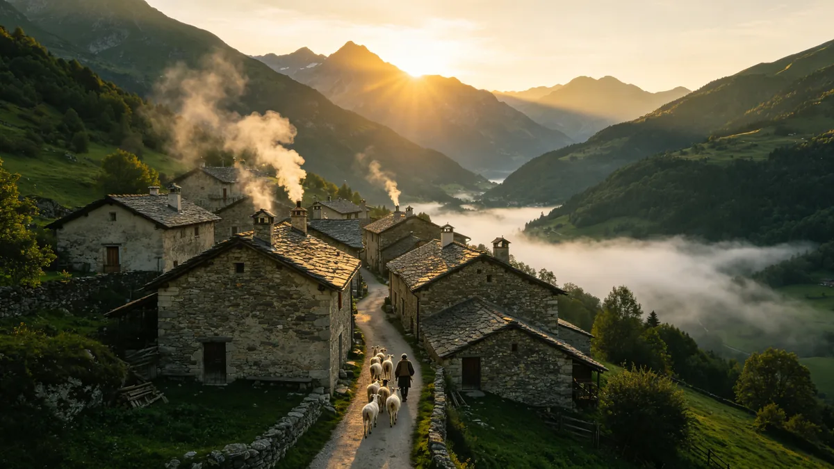 Un plano de situación de un pueblo de montaña al amanecer, con humo saliendo de las chimeneas.
