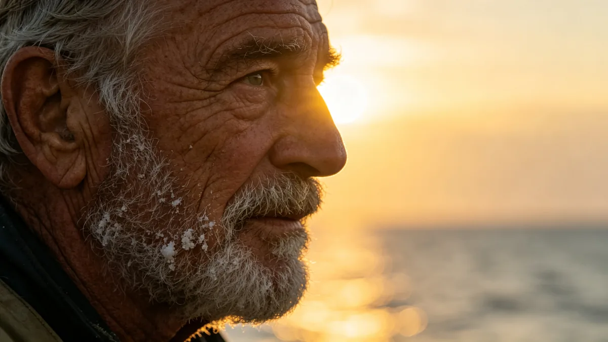 Un primer plano del rostro curtido de un viejo pescador a contraluz dorado, con poca profundidad de campo.