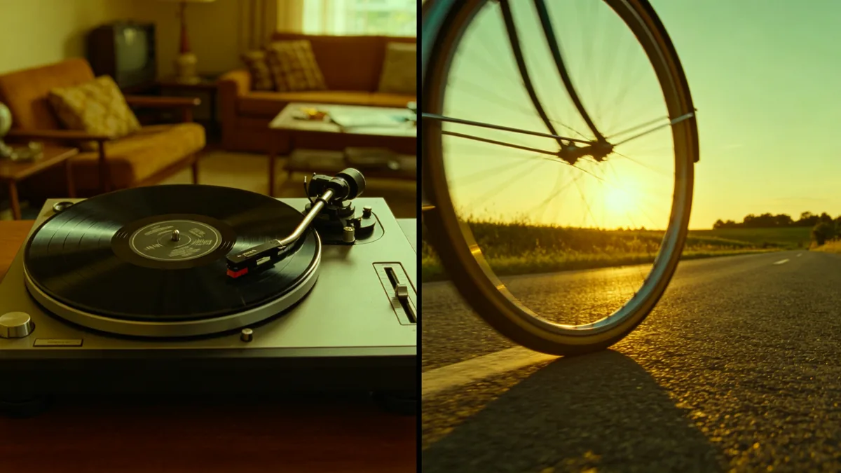 Un cuadro de corte por coincidencia que funde un disco de vinilo girando con una rueda de bicicleta girando.