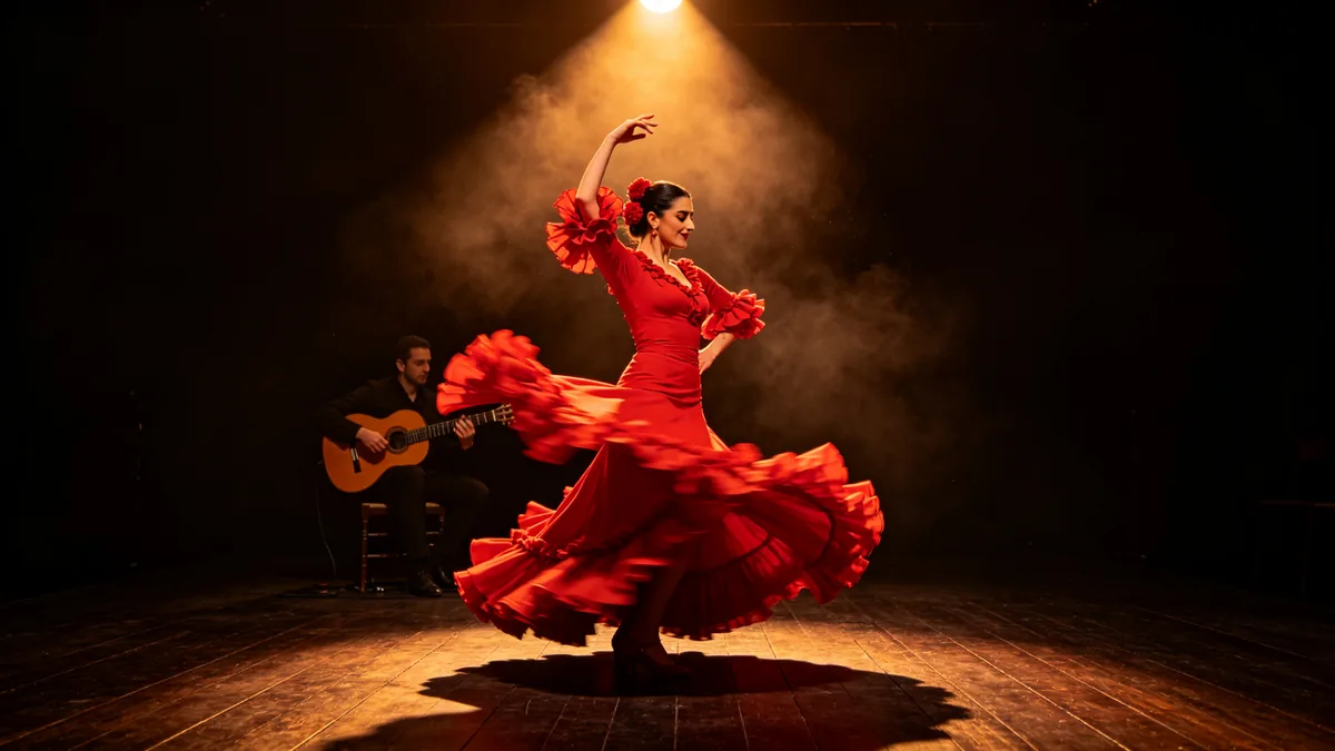Una bailaora de flamenco gira con una falda roja sobre un escenario de madera, con la tela desdibujada por el movimiento.
