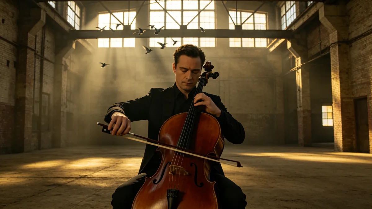 Una violonchelista toca sola en un almacén vacío mientras la luz entra a raudales por ventanas altas.