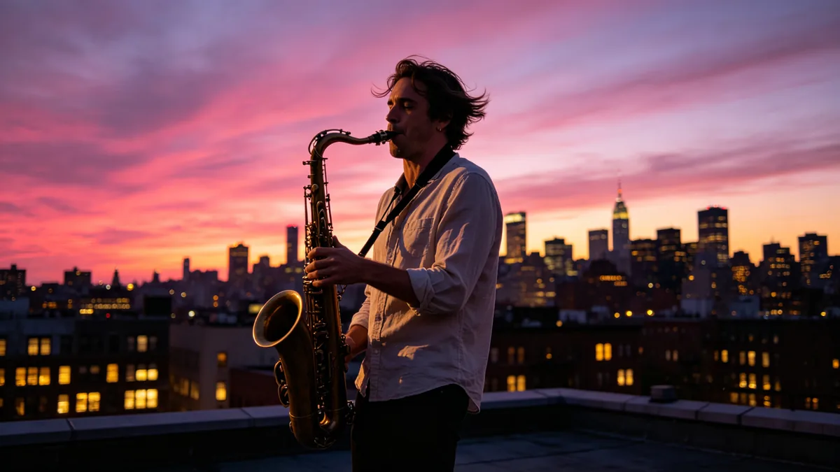 Un saxofonista toca en una azotea al atardecer mientras la cámara se eleva para mostrar la ciudad.
